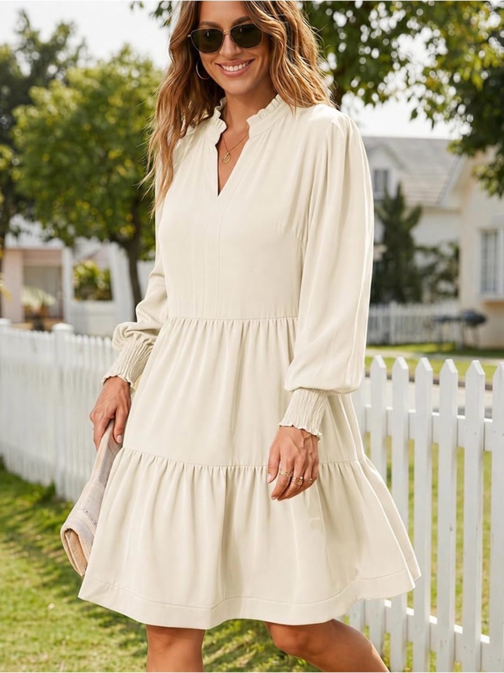 Amazon Cream Tiered Long Sleeve Midi Dress